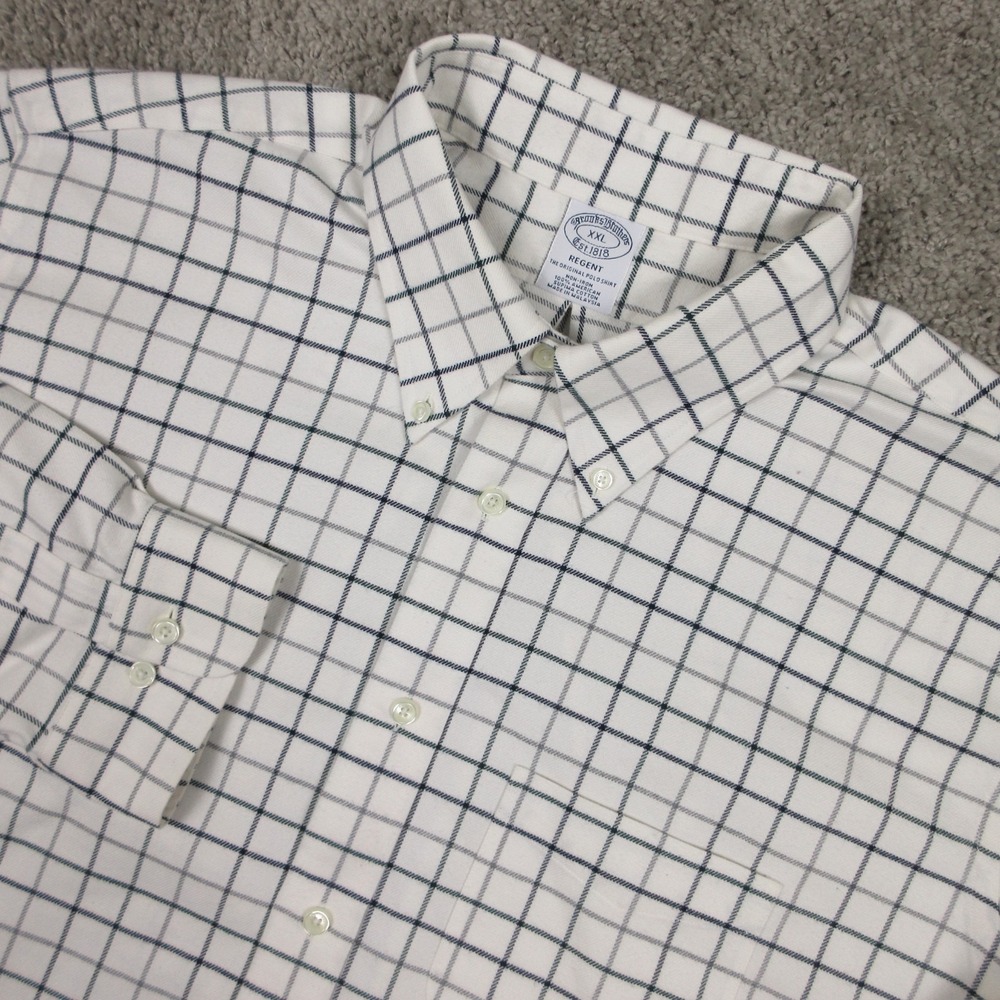 Brooks Brothers Shirt Mens 2XL White Plaid Twill Flannel Regent Cotton Button Up